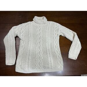 Yorkshire Knitting Co Cable Knit Fisherman Sweater Cream Women M Turtle Neck